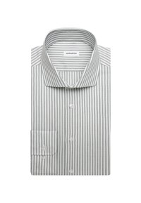 Chemise habillée à manches longues pliée avec des rayures verticales grises et blanches, poignets boutonnés et col large.