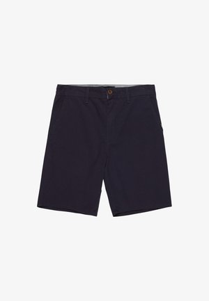 Shorts bleu marine en coton avec fermeture à bouton, passants de ceinture et poches latérales. Dispose d'une poche zippée sur le côté droit.
