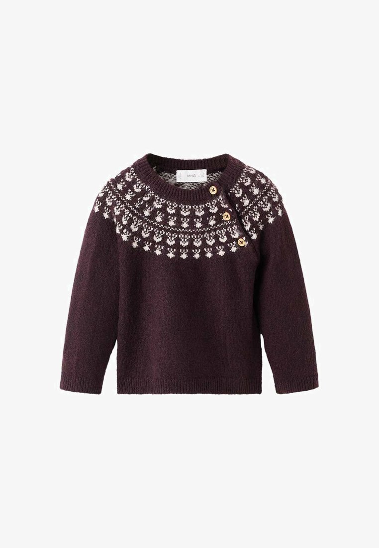 Borgožigast pulover z okroglo ovratnico, vzorčnim belim delom na ramenih in tremi lesenimi gumbi na rami; mehak pleten material.