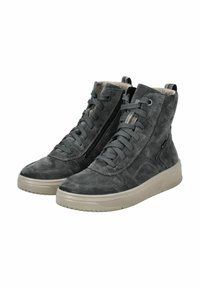 Szare zamszowe trampki w stylu high-top z wiązanym zapięciem, bocznym zamkiem błyskawicznym i beżową gumową podeszwą. Posiadają teksturowane detale oraz wyściełany kołnierz.