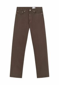 Bruna denimjeans med rak bendesign, kopparfärgad utrustning, framfickor och bakfickor med en mjuk yta.