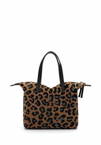 Pruunide ja mustade leopardimustri kandekott kahe musta nahkkäepidemega ning ülaosas lukk valgel taustal.