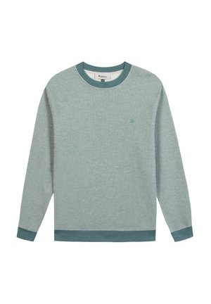 Langärmliger Pullover mit Rundhalsausschnitt in Grün und Weiß gestreift, mit einfarbigen grünen Bündchen am Kragen, an den Ärmelenden und am Saum, mit einem kleinen bestickten Logo auf der Brust.