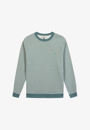 Long-sleeve green and white striped crewneck sweater with solid green collar, cuffs, and hem, featuring a small embroidered logo on the chest.