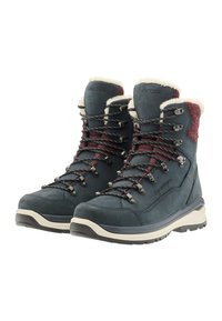 Blauwe en burgundy winterwandelboots met bontvoering, metalen oogjes, patroonveters en gestructureerde rubberen zolen.