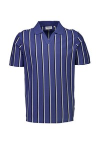 Fioletowa krótko rękawowa koszulka polo z pionowymi białymi i granatowymi paskami, z kołnierzykiem w kształcie litery V oraz miękką fakturą materiału.