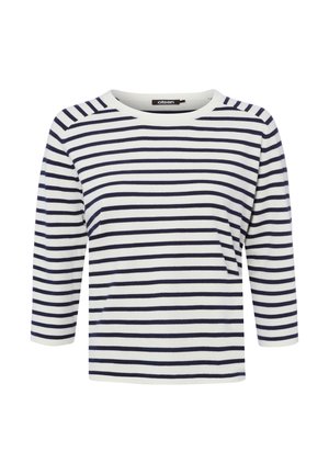 White long-sleeve shirt with navy blue horizontal stripes, round neckline, and label "Olsen" at the collar.