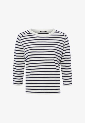 Weißes Langarmshirt mit marineblauen horizontalen Streifen, rundem Ausschnitt und dem Label "Olsen" am Kragen.