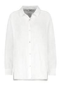 White long-sleeve shirt made of lightweight fabric, featuring a button-down front, classic collar, and a relaxed fit with a slightly curved hem.