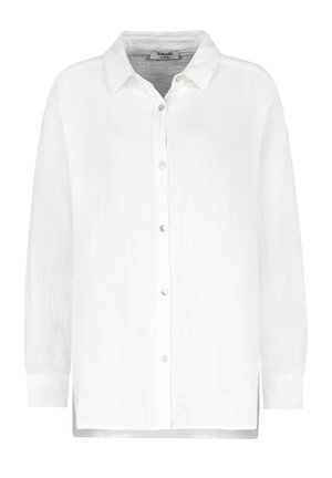 Weißes Langarmhemd aus leichtem Stoff, mit Knopfleiste, klassischem Kragen und entspanntem Schnitt sowie einem leicht abgerundeten Saum.