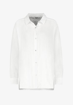 Weißes Langarmhemd aus leichtem Stoff, mit Knopfleiste, klassischem Kragen und entspanntem Schnitt sowie einem leicht abgerundeten Saum.