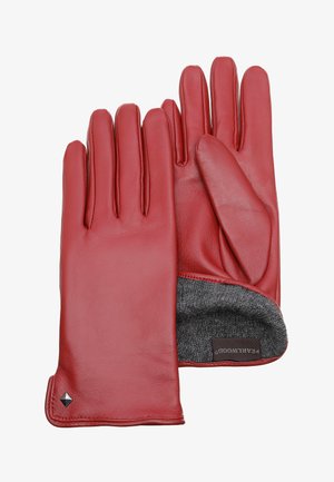 Rode leren handschoenen met een zachte grijze knit voering. Kenmerken zijn vijf vingers, een strak ontwerp en een kleine zwarte diamantaccent.