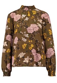 Blouse florale marron à manches longues, avec un col froncé, ornée de roses roses, de fleurs jaunes et de feuilles vertes. Tissu texturé avec une coupe décontractée.