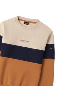 Felpa a blocchi di colore con sezioni crema, blu navy e beige. Tessuto morbido con collo a girocollo e logo ricamato "DOVER DOCKS".