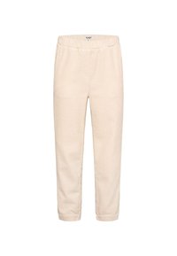 Beige Baumwollhose mit strukturierter Oberfläche, elastischem Bund und schmal zulaufendem Knöchel. Verfügt über zwei Seitentaschen und eine lockere Passform.