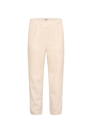 Beige cotton pants with a textured surface, elastic waistband, and tapered ankle. Features two side pockets and a relaxed fit.
