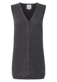 Grijze, mouwloze vest met een gestructureerd patroon, v-hals en zes bruine knopen aan de voorkant. Klein logotag aan de onderkant links.