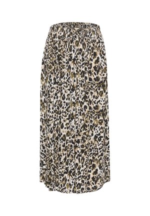 Leopard print skirt with elastic waistband, featuring tones of black, tan, and olive green. Flowing fabric with pleat detailing at hem.