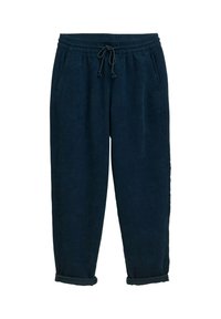 Marineblauwe corduroy broek met een elastische tailleband en verstelbaar trekkoord, voorzien van zijzakken en omgeslagen broekspijpen.