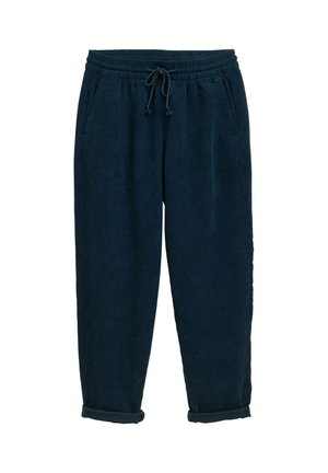 Pantaloni in corduroy blu navy con vita elastica e coulisse regolabile, dotati di tasche laterali e orli risvoltabili.