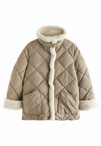 Chaqueta de plumas acolchada beige con un suave y esponjoso cuello y puños. Cuenta con dos grandes bolsillos frontales. Material texturizado con un patrón de diamante.