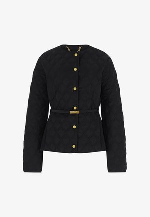 Giacca imbottita nera con bottoni dorati e cintura sottile, caratterizzata da maniche lunghe e scollo rotondo.