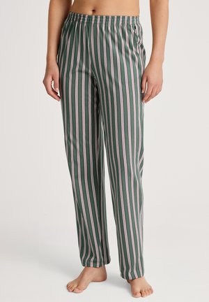 Pantalons de pyjama à rayures vertes avec des rayures verticales roses et blanches, dotés d'une taille élastique et d'une coupe ample pour le confort.