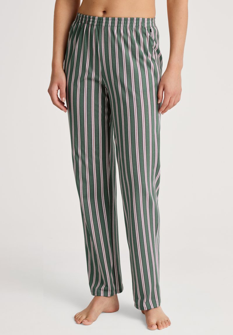 Groen gestreepte pyjamabroek met roze en witte verticale strepen, met een elastische tailleband en een losse pasvorm voor comfort.