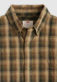 Braunes kariertes Hemd mit einem Button-Down-Kragen, zwei Vorderknöpfen und einem Etikett mit "Levi's"-Markenlogo. Strukturierten Stoff mit Karomuster.