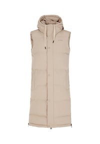 Veste sans manches beige matelassée avec capuche, fermeture à pression sur le devant, deux poches latérales et cordons réglables au cou.