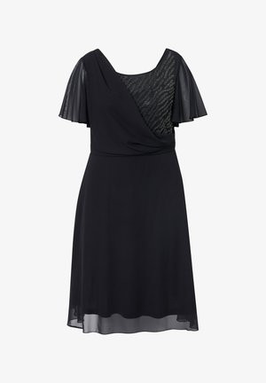 Vestido negro con mangas cortas y transparentes. Presenta un cuerpo texturizado con patrón y una falda fluida, confeccionado en una tela suave y ligera.