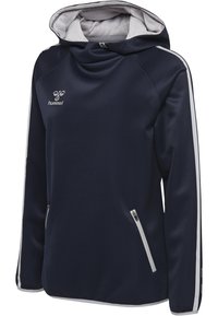 Felpa con cappuccio blu navy e fodera grigia, caratterizzata da strisce laterali bianche, una tasca frontale con zip e un logo sul petto.