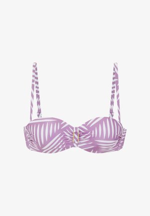 Gornji dio bikinija s uzorkom tropskog lišća u lavandinoj i bijeloj boji, s podesivim naramenicama i malenim središnjim kopčom.