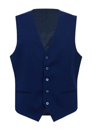 Gilet da uomo sartoriale blu navy con cinque bottoni, due tasche frontali a filetto, scollo a V e design senza maniche.