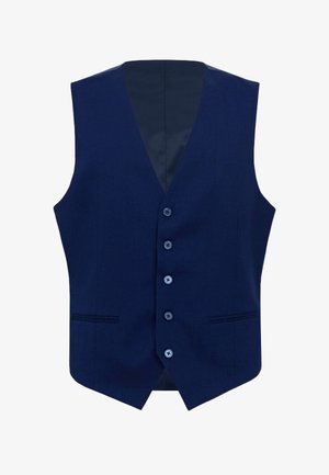 Chaleco de hombre diseñado a medida en azul marino, con cinco botones, dos bolsillos delanteros de ojal, escote en V y diseño sin mangas.