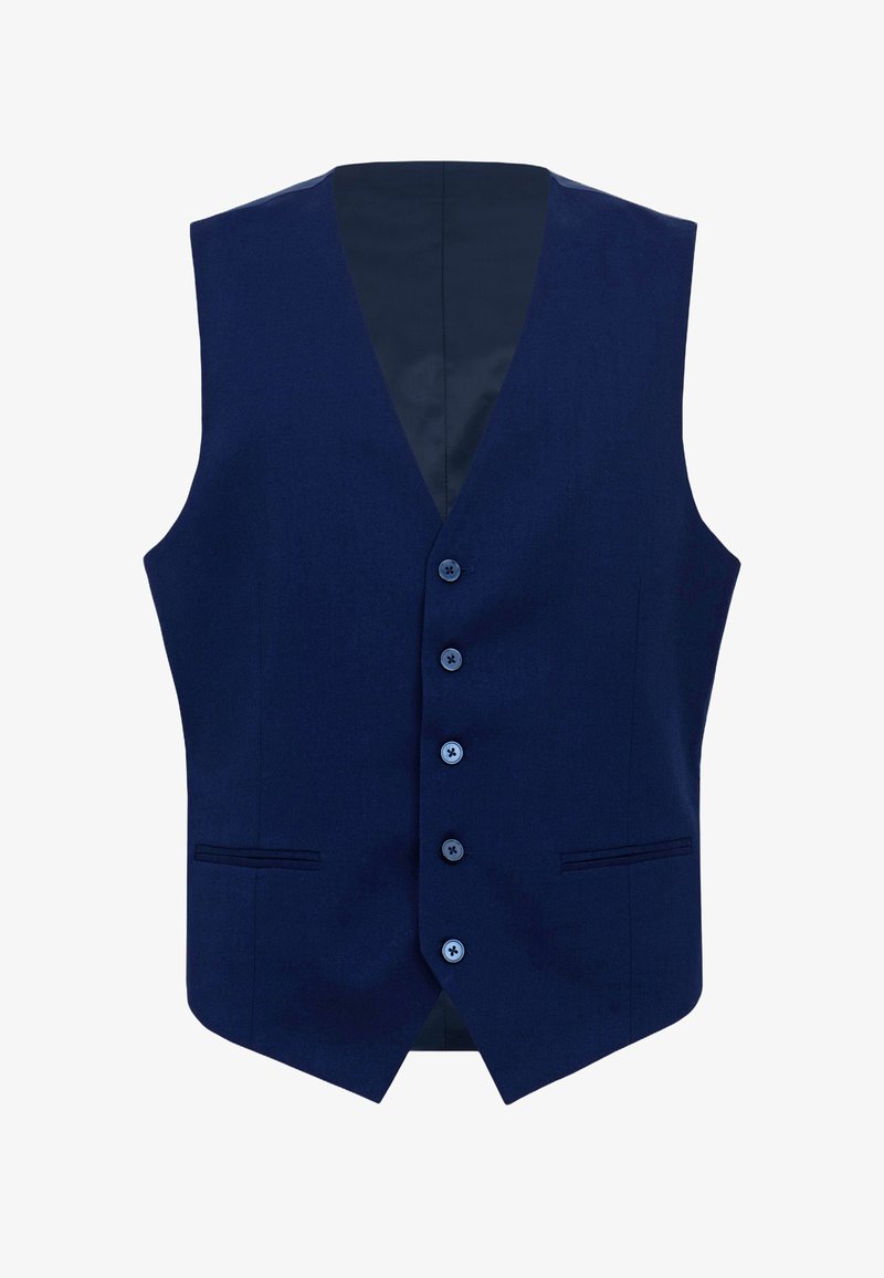Marineblaues Herrenweste in Maßanfertigung mit fünf Knöpfen, zwei vorderen Paspeltaschen, V-Ausschnitt und ärmellosem Design.