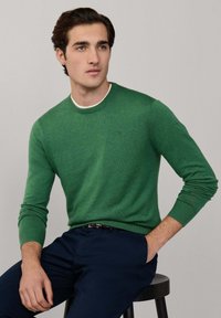 Grüner Pullover mit langen Ärmeln, rundem Halsausschnitt und gerippten Bündchen. Weiche Textur mit dezentem Logo auf der Brust. Kombiniert mit dunkler Hose.