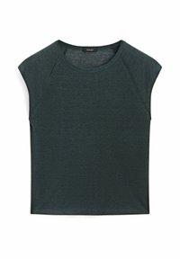 Top corto verde scuro con una vestibilità rilassata. Realizzato in tessuto morbido, presenta un colletto rotondo e una texture sottile. Nessun motivo o dettaglio visibile.