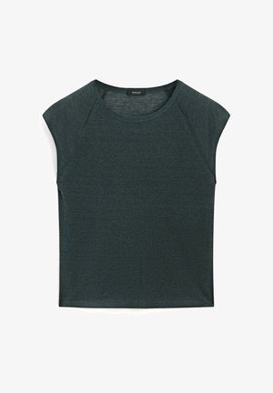 Dunkelgrünes Kurzarmoberteil mit lockerem Schnitt. Aus weichem Stoff gefertigt, mit Rundhalsausschnitt und subtiler Textur. Keine sichtbaren Muster oder Akzente.