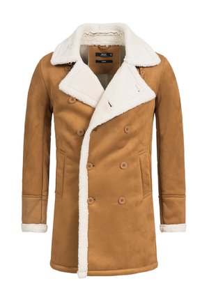 Brown double-breasted coat with white sherpa lining on collar, cuffs, and front edges, featuring side pockets and button closures.