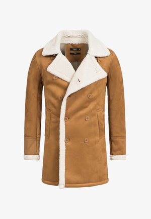 Brown double-breasted coat with white sherpa lining on collar, cuffs, and front edges, featuring side pockets and button closures.