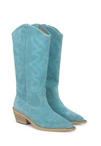 Un paio di stivali da cowboy in suede turchese con decorazioni perforate, punte a punta e tacchi impilati, caratterizzati da dettagli di cucitura in contrasto.