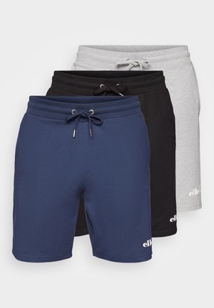 Trzy pary szortów w kolorze granatowym, czarnym i szarym. Wykonane z miękkiego materiału z prążkowanym paskiem w talii, z sznurkiem do regulacji i akcentami logo.