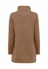 Abrigo de mezcla de lana marrón con un acabado suave y texturizado, que presenta un cuello y mangas largas, además de un diseño relajado y recto.