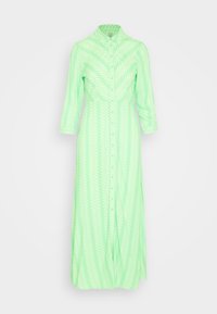 Robe longue boutonnée de couleur vert clair avec un motif en chevrons. Elle possède un col et des manches longues, fabriquée en tissu léger.