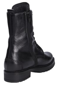 Schwarze Leder-Stiefelette mit glatter Textur, seitlichem Reißverschluss und Schnürdetails. Dicke Gummisohle mit Profil für Halt.