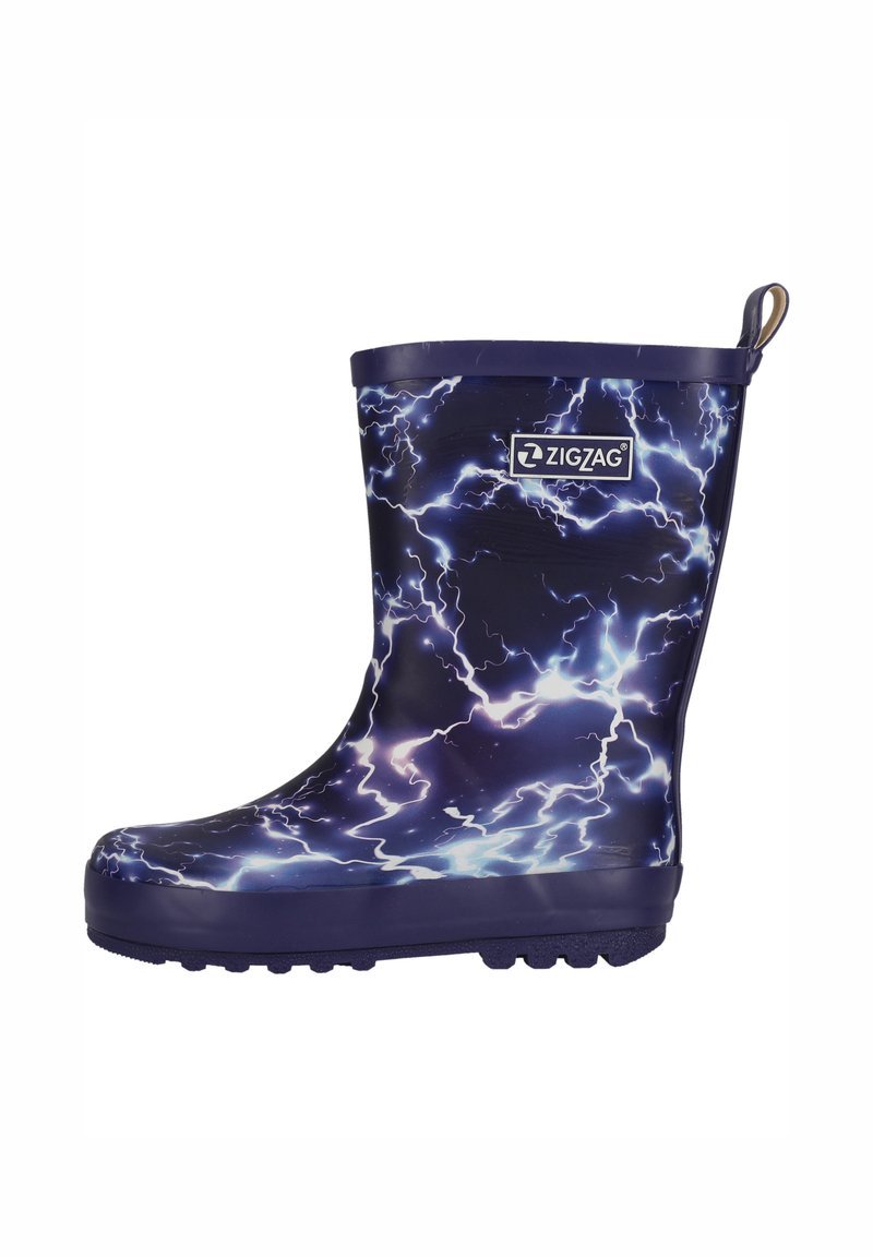 Paarse rubberen regenlaars met een bliksemschichtpatroon, hoog ontwerp, geprofileerde zool voor grip en een trekband aan de achterkant voor gemakkelijk aan en uit trekken.