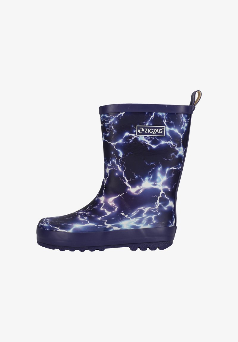 Botte de pluie en caoutchouc violette avec un motif d'éclair, design montante, semelle texturée pour une meilleure adhérence, et une languette à l'arrière pour un enfilage facile.