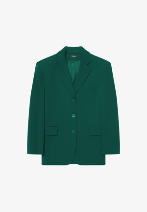 Zielona marynarka z klapkowym kołnierzem, trzema guzikami z przodu i dwoma naszywanymi kieszeniami. Dopasowany fason z gładką teksturą. Podszewka wewnętrzna.
