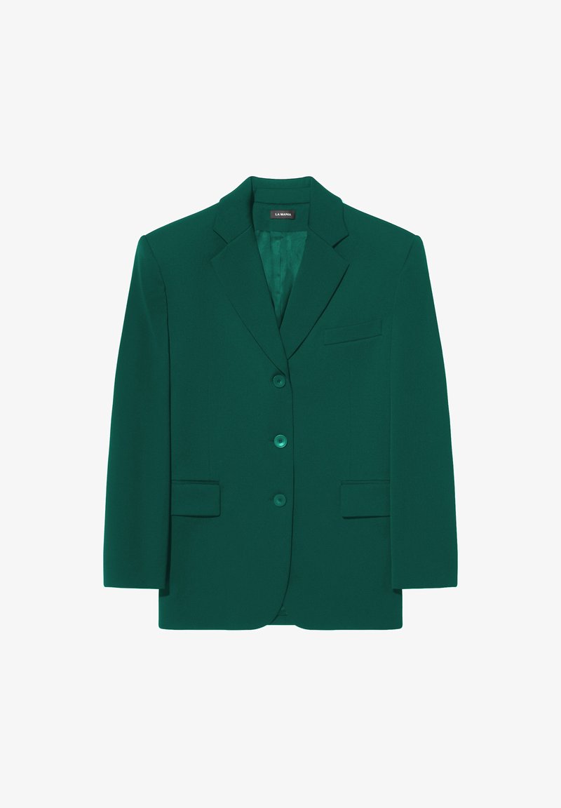 Žalias švarkas su notch apykakle, trimis priekyje esančiais mygtukais ir dviem kišenėmis su atlapais. Prisiūtas dizainas su glotnia tekstūra. Pamušta vidinė dalis.